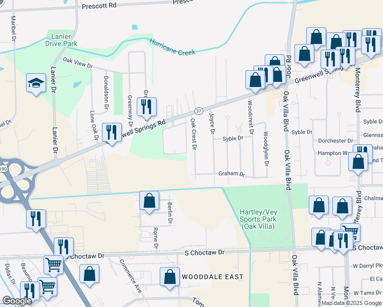 map of restaurants, bars, coffee shops, grocery stores, and more near 3131 Oak Crest Drive in Baton Rouge
