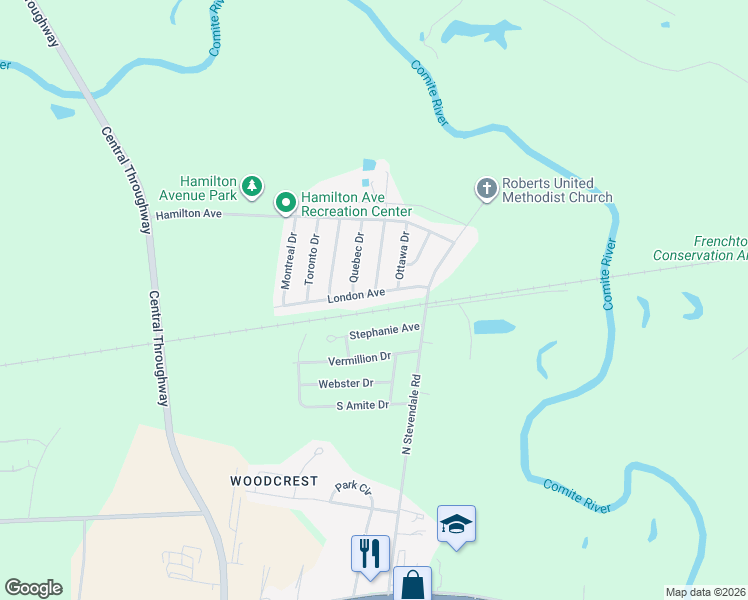 map of restaurants, bars, coffee shops, grocery stores, and more near 16646 London Ave in Baton Rouge