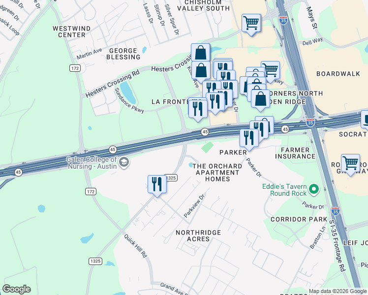 map of restaurants, bars, coffee shops, grocery stores, and more near La Frontera Boulevard in Austin