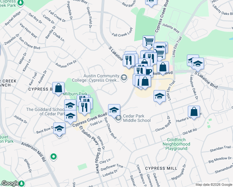 map of restaurants, bars, coffee shops, grocery stores, and more near 1918 Summer Rain Drive in Cedar Park