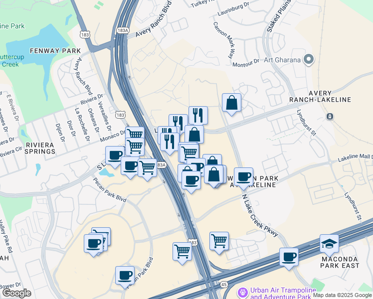 map of restaurants, bars, coffee shops, grocery stores, and more near 11301 Lakeline Boulevard in Austin