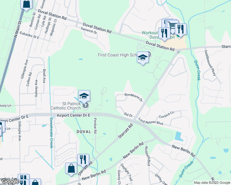 map of restaurants, bars, coffee shops, grocery stores, and more near 613 Bonaparte Drive in Jacksonville