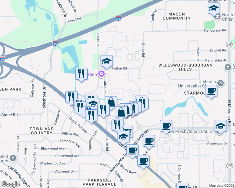 map of restaurants, bars, coffee shops, grocery stores, and more near 2711 Allen Road in Tallahassee
