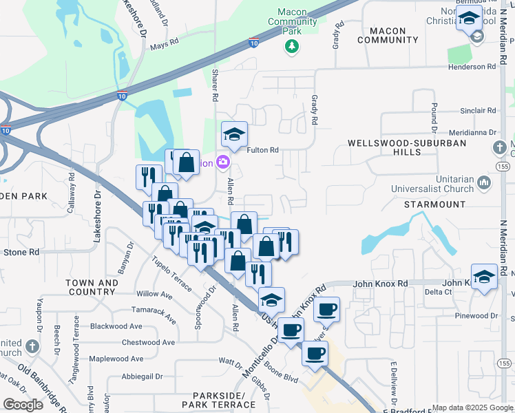 map of restaurants, bars, coffee shops, grocery stores, and more near 2711 Allen Road in Tallahassee
