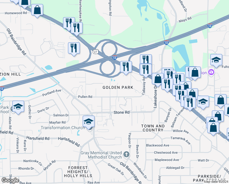 map of restaurants, bars, coffee shops, grocery stores, and more near 2511 Fred Smith Road in Tallahassee