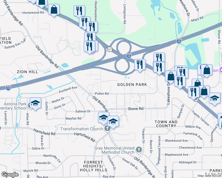 map of restaurants, bars, coffee shops, grocery stores, and more near 1520 Pullen Road in Tallahassee