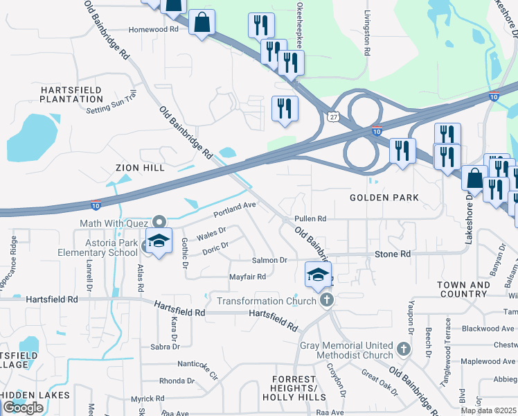 map of restaurants, bars, coffee shops, grocery stores, and more near 1600 Pullen Road in Tallahassee
