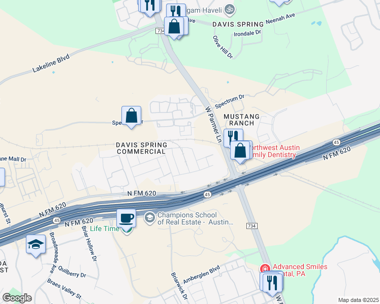 map of restaurants, bars, coffee shops, grocery stores, and more near 14011 Eucalyptus Bnd in Austin