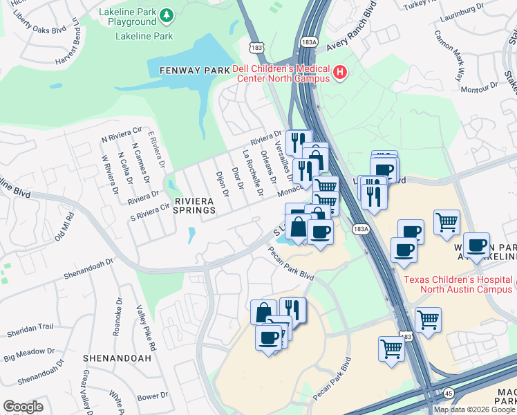 map of restaurants, bars, coffee shops, grocery stores, and more near 400 Monaco Drive in Cedar Park