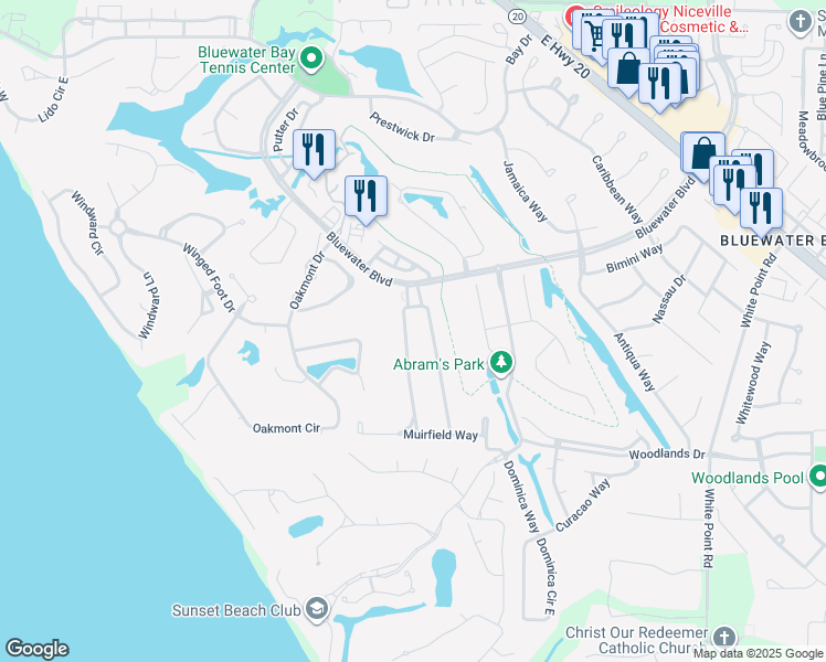 map of restaurants, bars, coffee shops, grocery stores, and more near 1121 Troon Drive West in Niceville