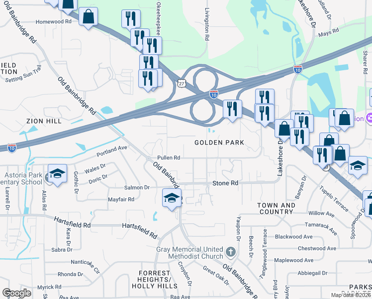 map of restaurants, bars, coffee shops, grocery stores, and more near 1520 Pullen Road in Tallahassee