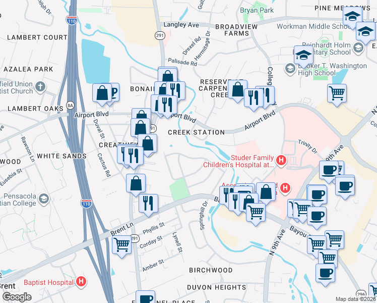 map of restaurants, bars, coffee shops, grocery stores, and more near 712 Valley Dr in Pensacola