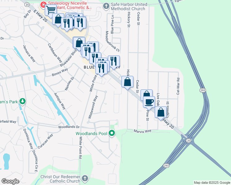 map of restaurants, bars, coffee shops, grocery stores, and more near 108 Wright Drive in Niceville