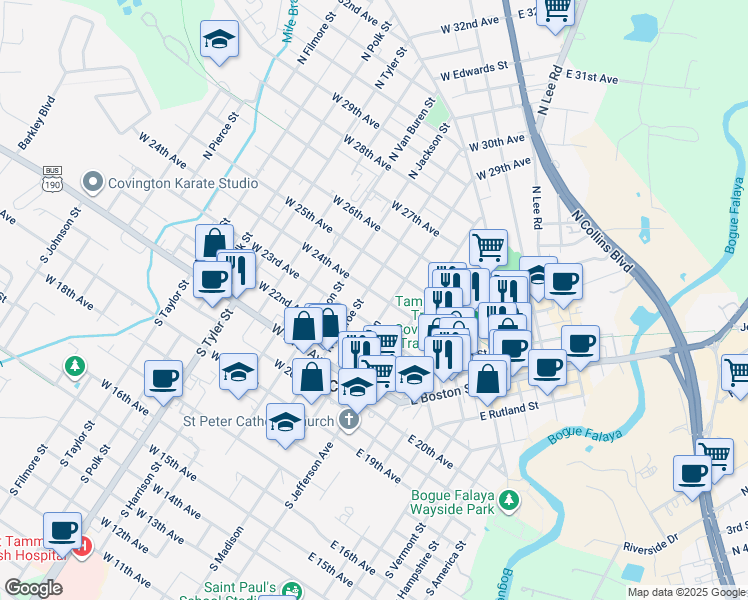 map of restaurants, bars, coffee shops, grocery stores, and more near 217 West 24th Avenue in Covington