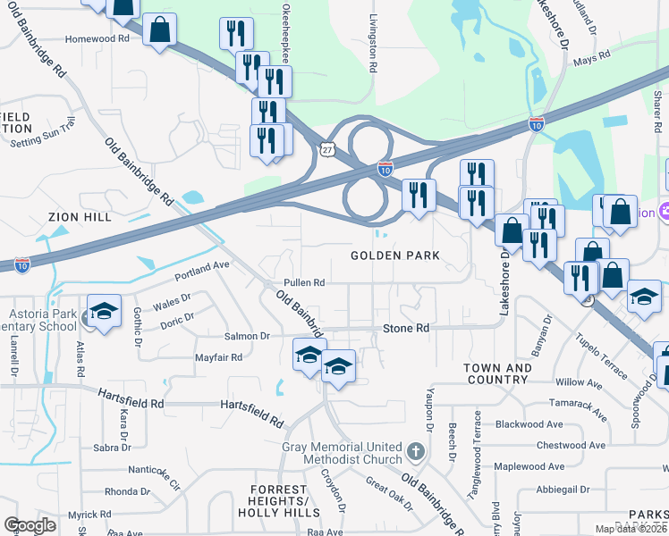 map of restaurants, bars, coffee shops, grocery stores, and more near 1520 Pullen Road in Tallahassee
