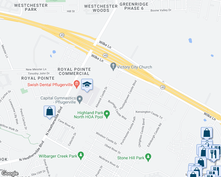 map of restaurants, bars, coffee shops, grocery stores, and more near 609 Stokesay Castle Path in Pflugerville