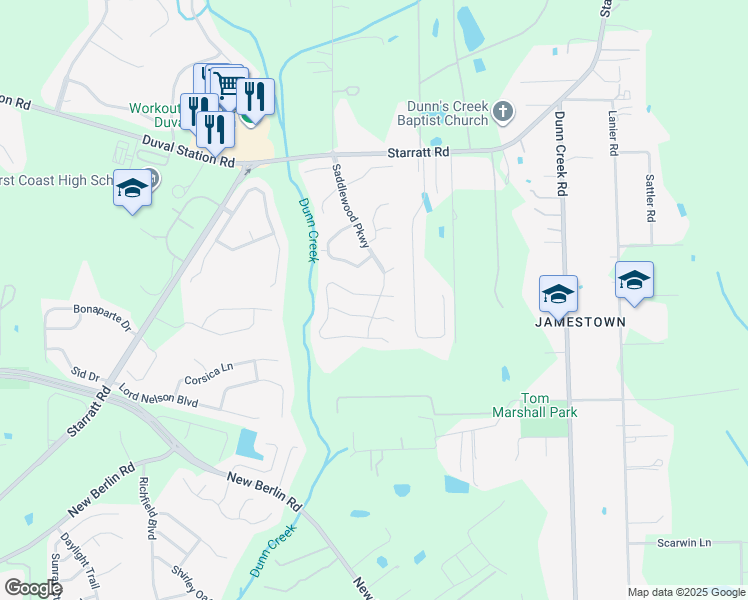 map of restaurants, bars, coffee shops, grocery stores, and more near 1096 Gallant Fox Circle West in Jacksonville