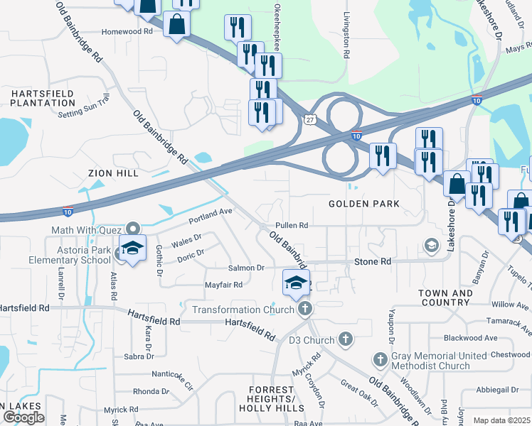 map of restaurants, bars, coffee shops, grocery stores, and more near 1600 Pullen Road in Tallahassee