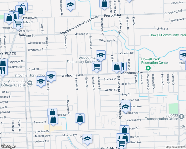 map of restaurants, bars, coffee shops, grocery stores, and more near 4501 Winbourne Avenue in Baton Rouge