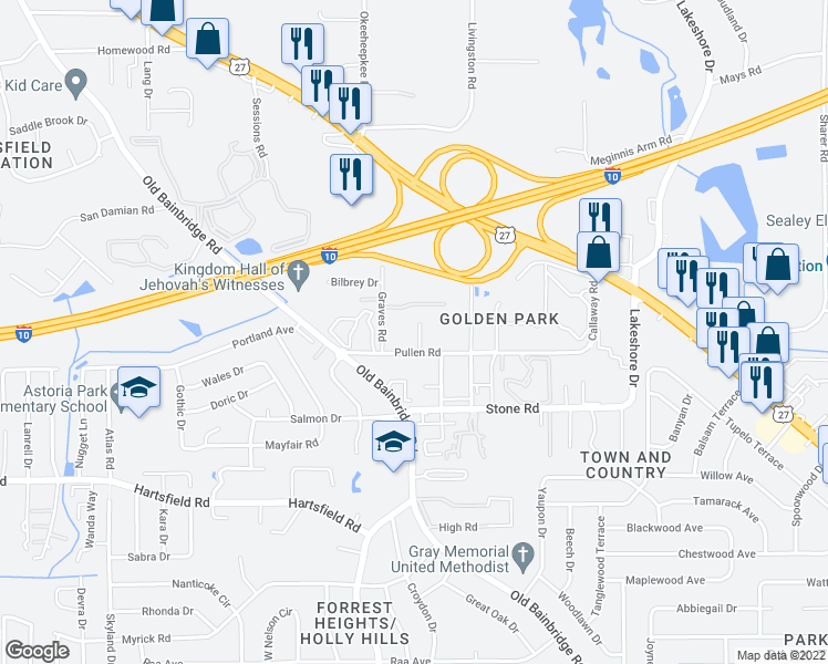 map of restaurants, bars, coffee shops, grocery stores, and more near 1528 Pullen Road in Tallahassee