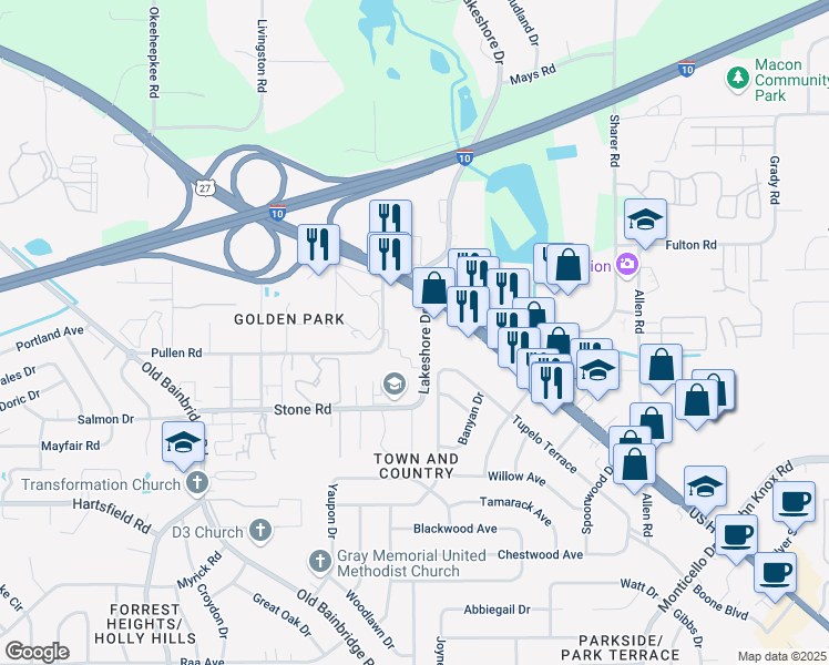 map of restaurants, bars, coffee shops, grocery stores, and more near 2516 Lakeshore Drive in Tallahassee