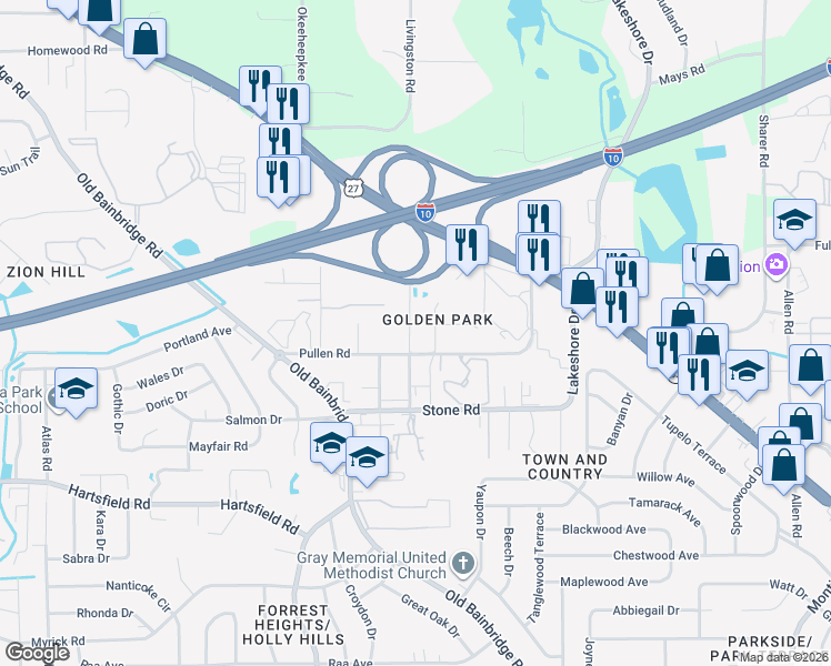 map of restaurants, bars, coffee shops, grocery stores, and more near 2511 Fred Smith Road in Tallahassee