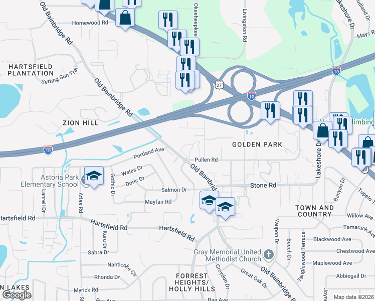 map of restaurants, bars, coffee shops, grocery stores, and more near 1600 Pullen Road in Tallahassee