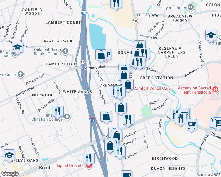 map of restaurants, bars, coffee shops, grocery stores, and more near 5519 Shell Street in Pensacola