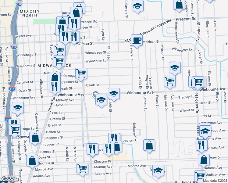 map of restaurants, bars, coffee shops, grocery stores, and more near 3747 Winbourne Avenue in Baton Rouge