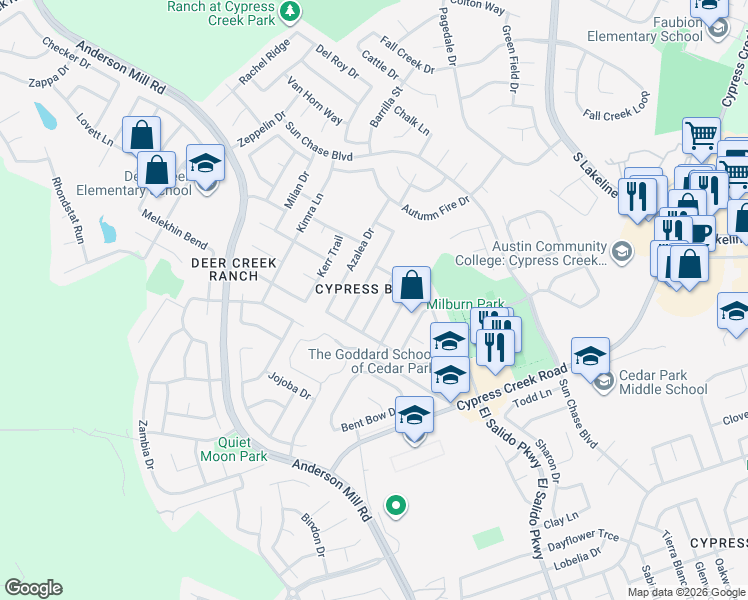 map of restaurants, bars, coffee shops, grocery stores, and more near 1711 Lion-Heart Drive in Cedar Park