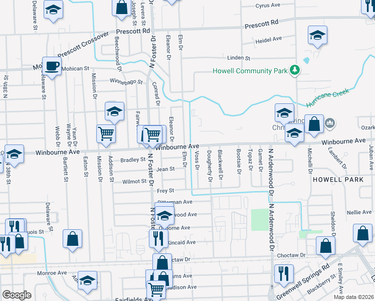 map of restaurants, bars, coffee shops, grocery stores, and more near 3255 Voss Drive in Baton Rouge