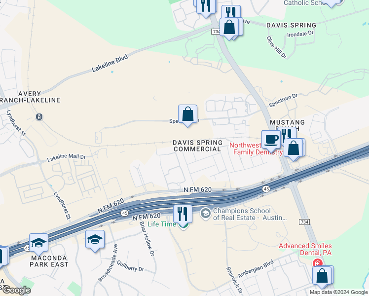 map of restaurants, bars, coffee shops, grocery stores, and more near 14217 Alloro Drive in Austin