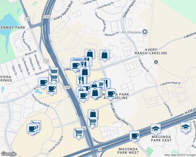 map of restaurants, bars, coffee shops, grocery stores, and more near 11111 Lakeline Boulevard in Austin