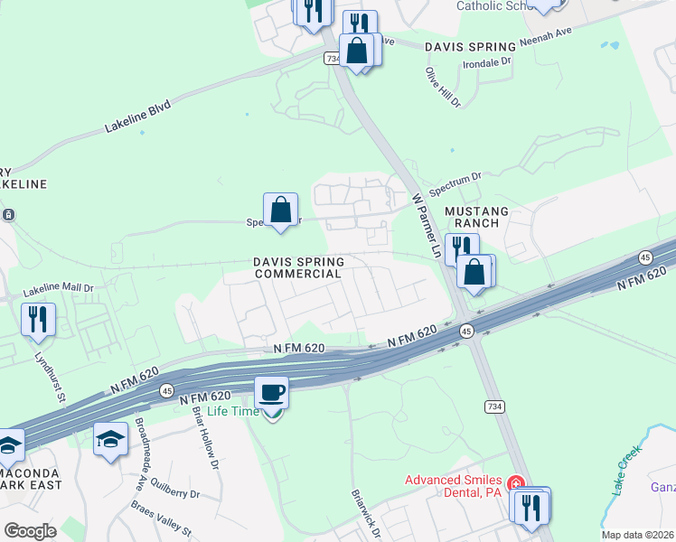 map of restaurants, bars, coffee shops, grocery stores, and more near 14099 Tom Kemp Lane in Austin