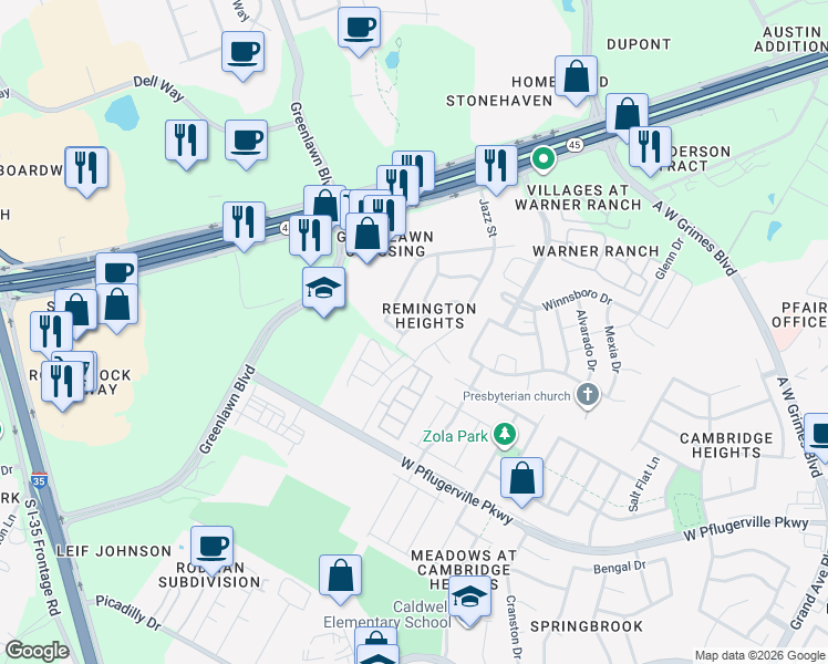 map of restaurants, bars, coffee shops, grocery stores, and more near 1729 Zydeco Drive in Round Rock