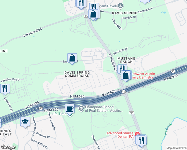map of restaurants, bars, coffee shops, grocery stores, and more near 14015 Osmarea Drive in Austin