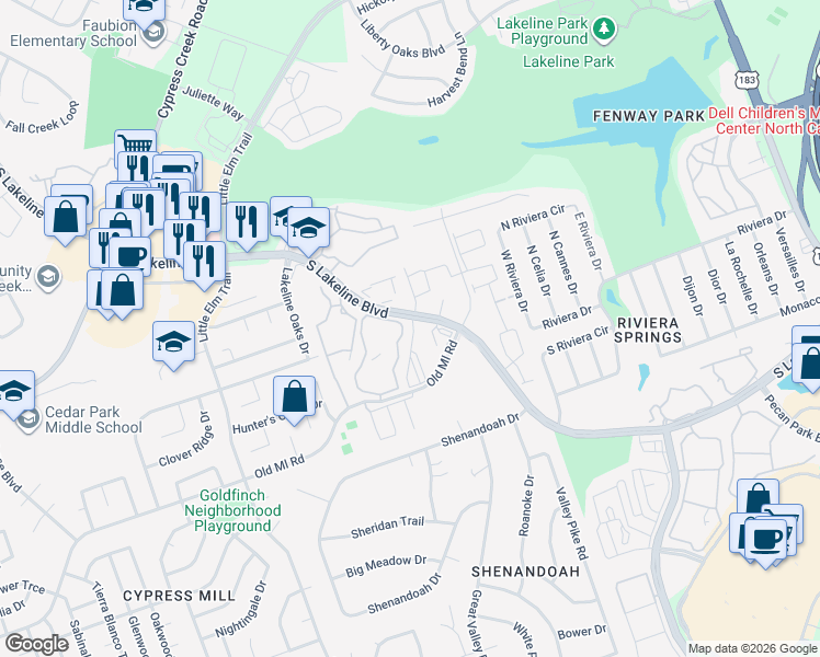 map of restaurants, bars, coffee shops, grocery stores, and more near 2211 South Lakeline Boulevard in Cedar Park
