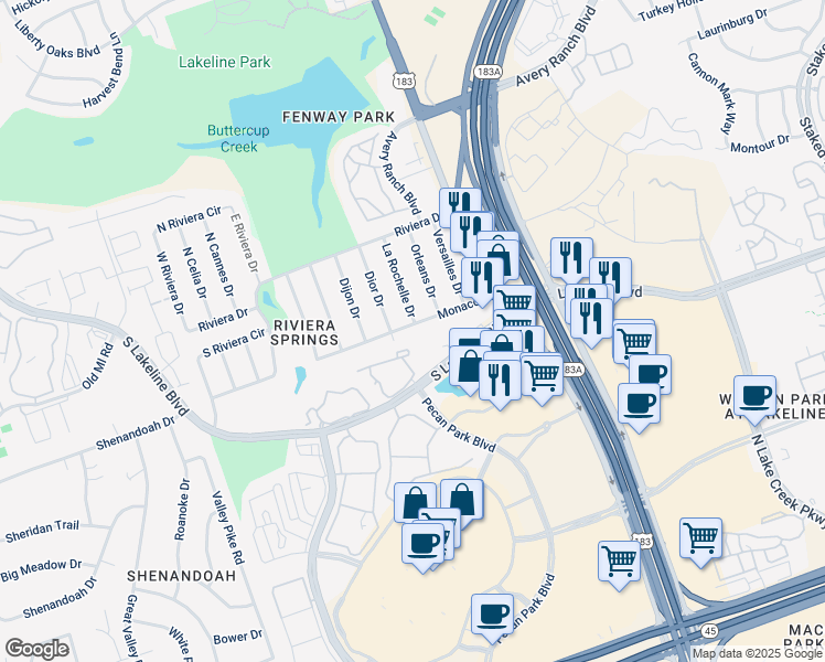 map of restaurants, bars, coffee shops, grocery stores, and more near 400 Monaco Drive in Cedar Park