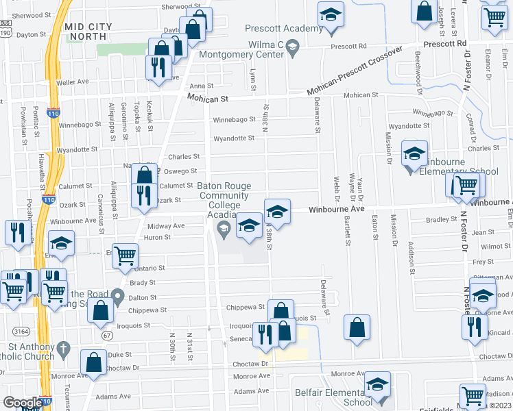 map of restaurants, bars, coffee shops, grocery stores, and more near 3625 Winbourne Avenue in Baton Rouge