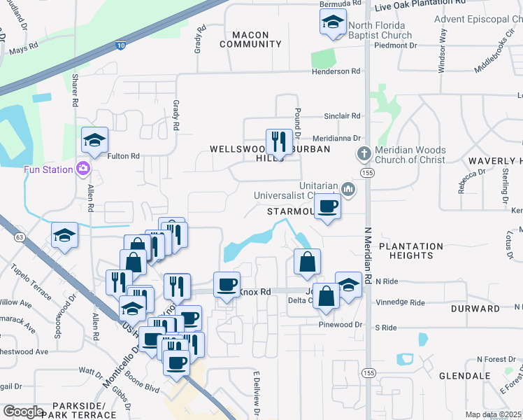 map of restaurants, bars, coffee shops, grocery stores, and more near 269 Starmount Drive in Tallahassee