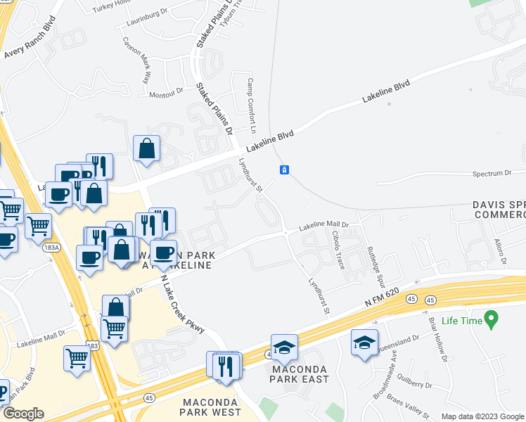 map of restaurants, bars, coffee shops, grocery stores, and more near 10416 Turnbull Loop in Austin