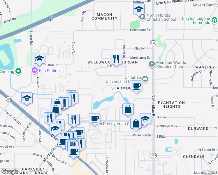 map of restaurants, bars, coffee shops, grocery stores, and more near 269 Starmount Drive in Tallahassee