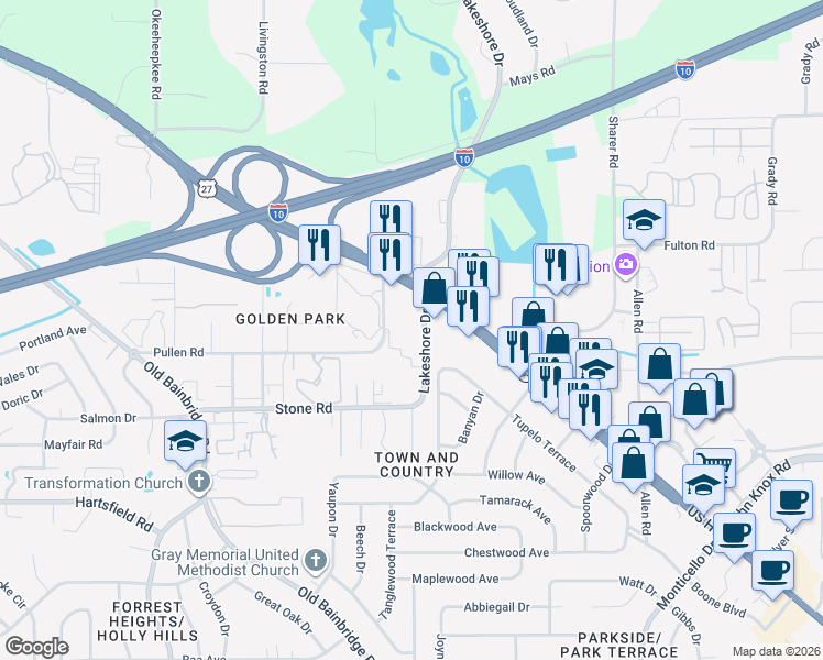 map of restaurants, bars, coffee shops, grocery stores, and more near 2516 Lakeshore Drive in Tallahassee