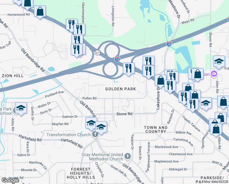 map of restaurants, bars, coffee shops, grocery stores, and more near 2511 Fred Smith Road in Tallahassee