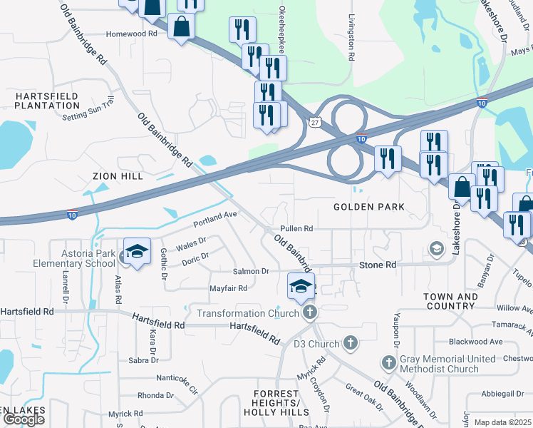 map of restaurants, bars, coffee shops, grocery stores, and more near 1600 Pullen Road in Tallahassee