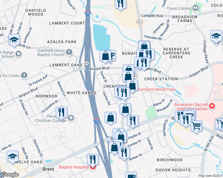 map of restaurants, bars, coffee shops, grocery stores, and more near 5519 Shell Street in Pensacola