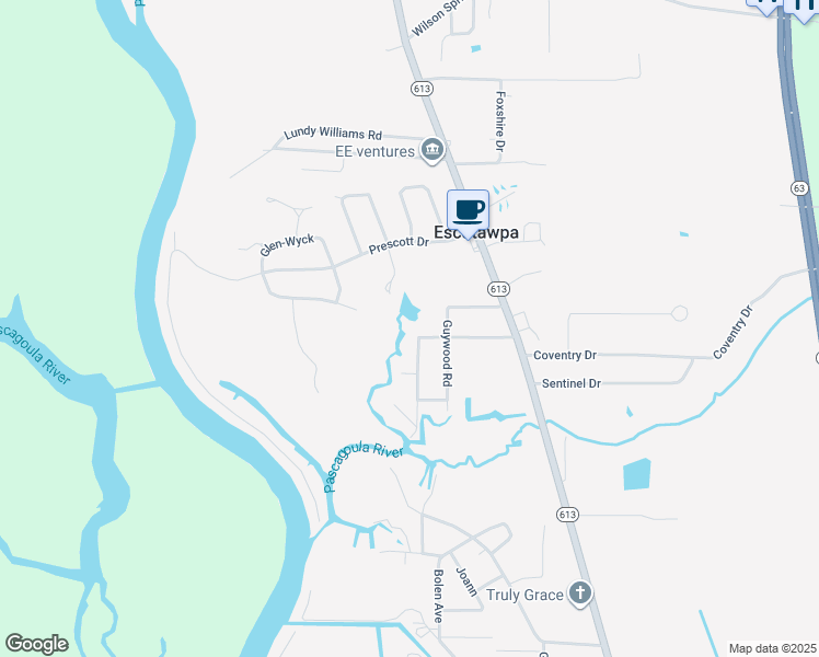 map of restaurants, bars, coffee shops, grocery stores, and more near 9321 Hardwicke Road in Moss Point