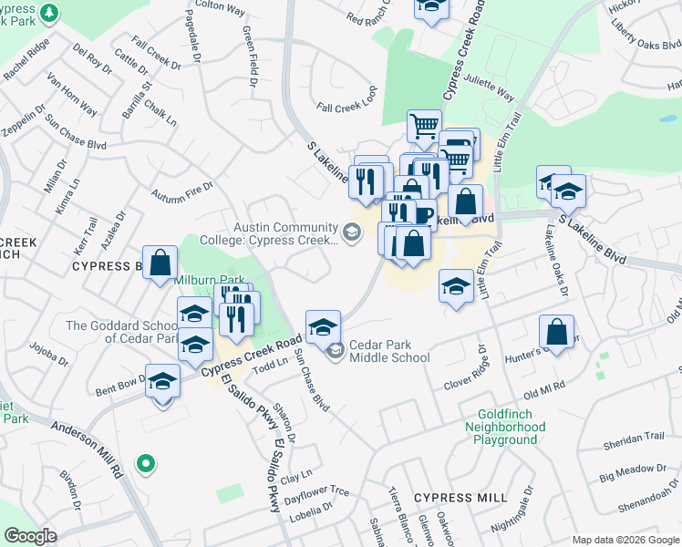 map of restaurants, bars, coffee shops, grocery stores, and more near 1918 Summer Rain Drive in Cedar Park