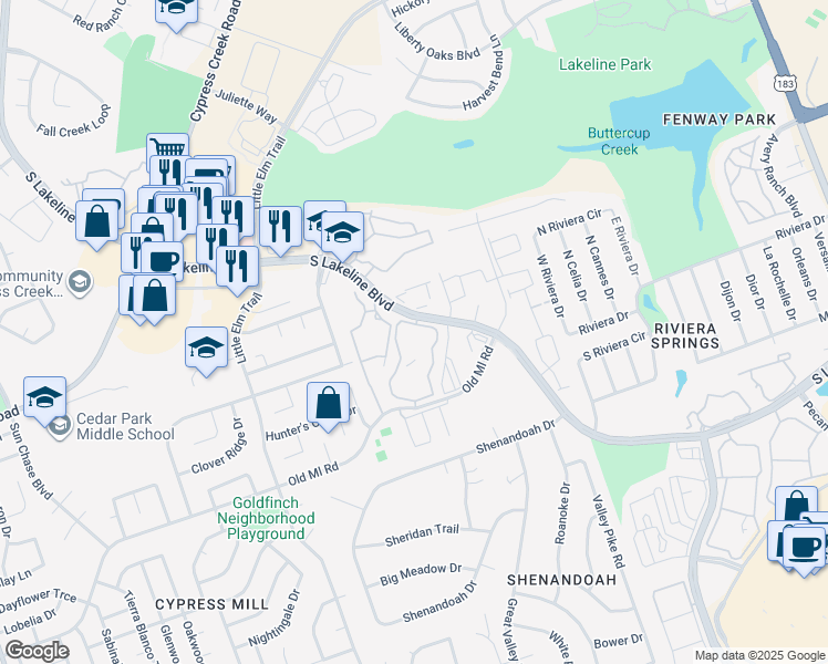 map of restaurants, bars, coffee shops, grocery stores, and more near 2201 South Lakeline Boulevard in Cedar Park