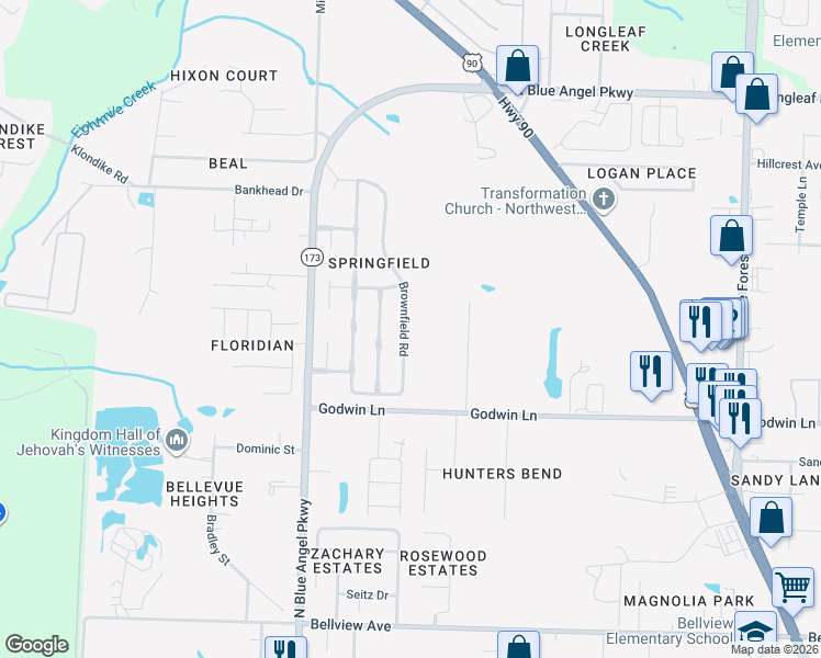 map of restaurants, bars, coffee shops, grocery stores, and more near 1035 Brownfield Road in Bellview
